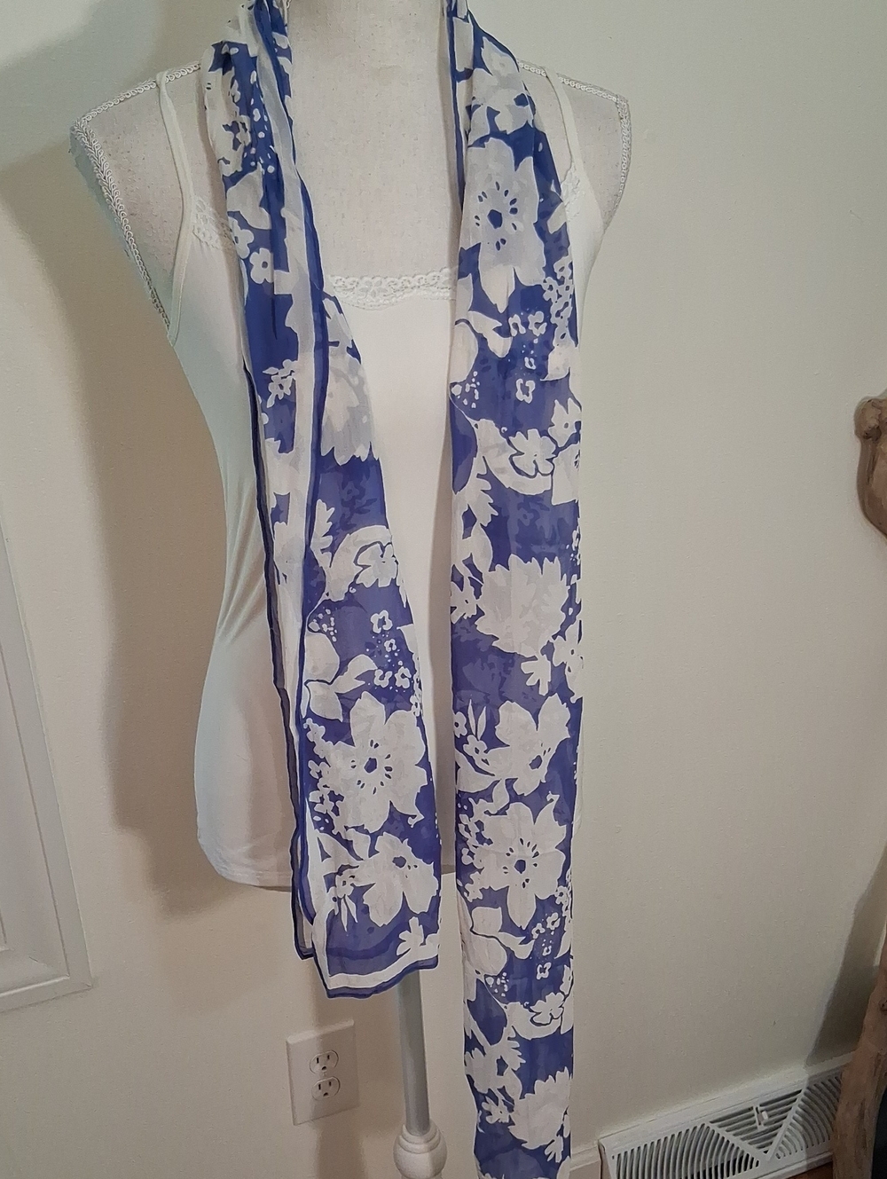 Blue and White Floral Lightweight Scarf